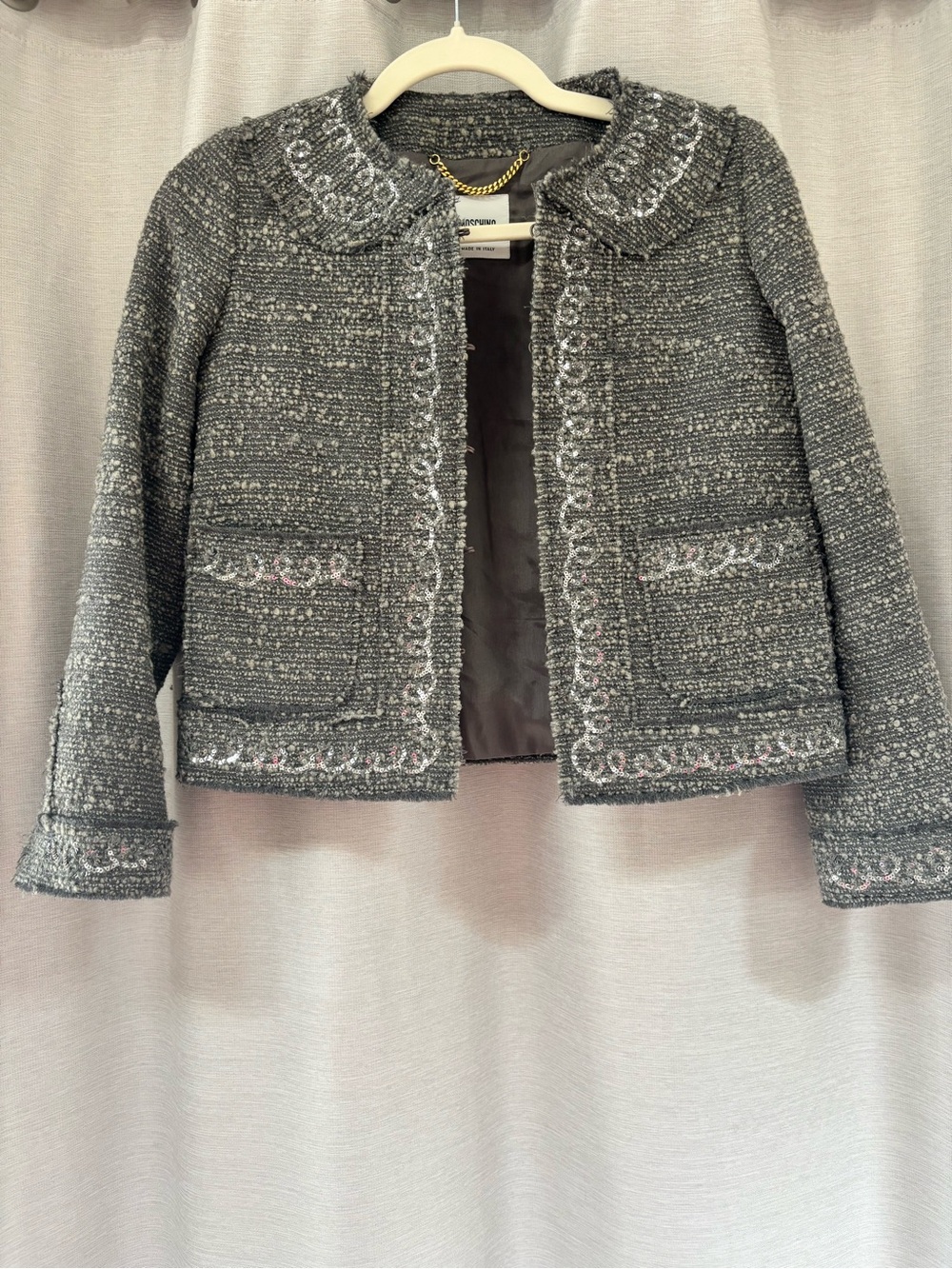 Moschino Gray Tweed Cropped Jacket with Embroidered Trim